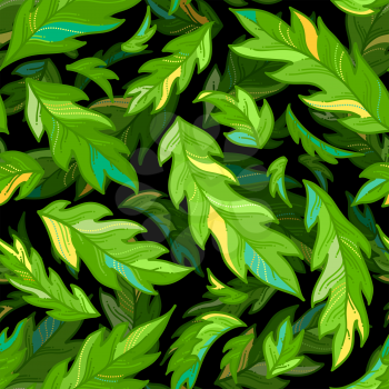 Bright green pinnate leaves on black background. Spring and summer boundless background. Tileable design element.