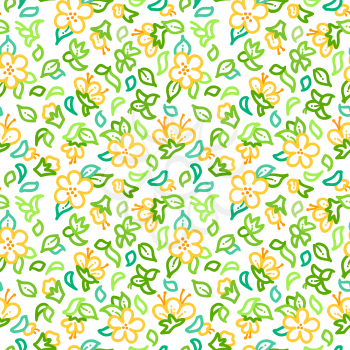 Outline tiny yellow flowers and green pinnate leaves on white background. Bright spring and summer boundless backgrounds. Tileable design elements.