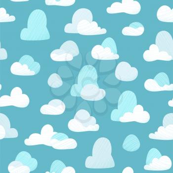 Big and small clouds in the blue sky. Flat boundless background for your design.