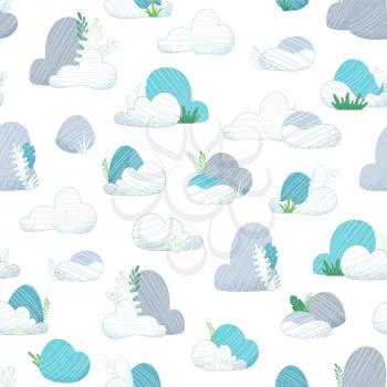 Various stones with grass and leaves on white. Nature boundless background. Flat illustration with linear elements.
