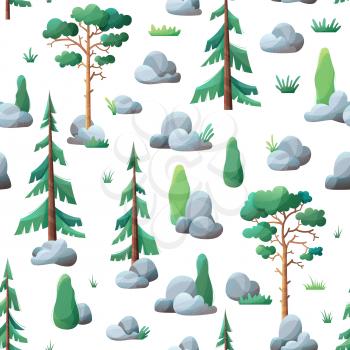 Сoniferous trees on white. Pines, spruces and cypress, stones and grass. Flat boundless background with modern noise texture.
