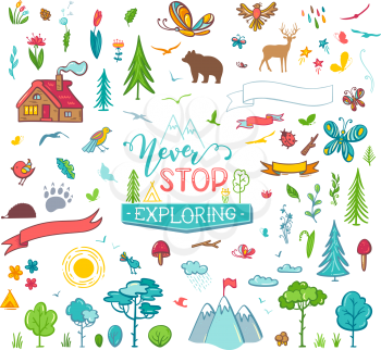 Trees, wild animals, mountains, butterflies, flowers, leaves, etc. Illustrations is cartoon style isolated on a white background. Can be used for stickers and patches.