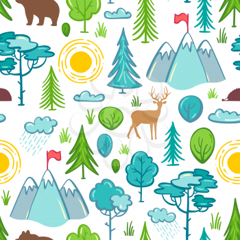 Trees and bushes, mountains, wild animals (deer, bear, hedgehog). Bright boundless background for your summer design.