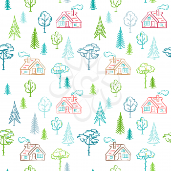 Linear illustration. House in the woods, trees and bushes. Bright boundless background for your nature design.