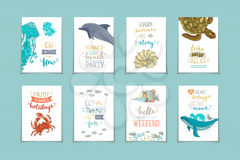 Unique calligraphic quotes and phrases written by brush. Wild underwater animals, fish and plants. Vector ready-to-use prints for your design.