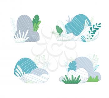 Various stones with grass and leaves on a white background. Nature collection of flat and outlined elements.