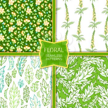 Tiny yellow flowers and green pinnate leaves on white and green backgrounds. Bright spring and summer boundless backgrounds. Outline tileable design elements.