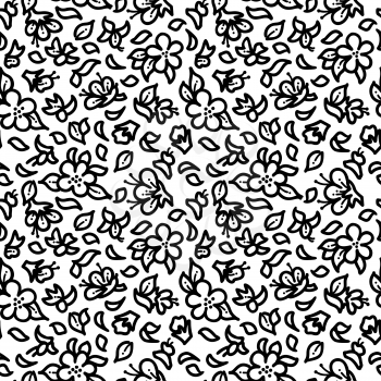 Black contours of tiny flowers and pinnate leaves on white background. Linear spring and summer boundless backgrounds. Tileable design elements.