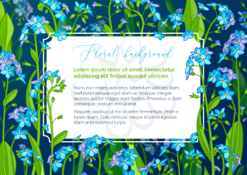 Forget-me-nots. Tiny blue flowers and green leaves on dark background. There is copy space for your text on white paper. A5 landscape format paper size with bleed 2 mm.