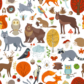 Autumn trees, mushrooms and leaves. Wild animals, birds and insects. Fox, wolf, deer, moose, bear, hare, squirrel, racoon, hedgehog, owl, bee, beaver, snail and snake.