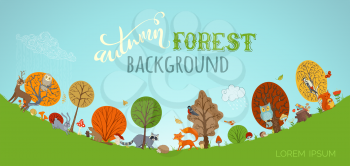 Cute woodland wild animals in forest made in cartoon style. Fox, deer, hare, squirrel, woodpecker, racoon, hedgehog, owl, beaver. Autumn wet weather. Trees and leaves.
