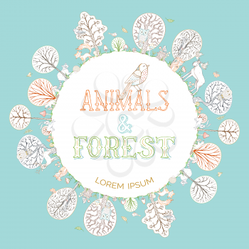 Vector cute wild animals and woodland elements. Moose, hedgehog, raccoon, hare, fox, deer, owl, squirrel, beaver. Trees, bushes and leaves, mushrooms.
