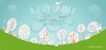 Cute hand-drawn owl, squirrel, hedgehog, bird, hare, fox, deer, raccoon. Autumn trees and falling leaves, mushrooms, clouds and rain. Grass and sky.