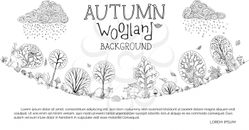 Doodles woodland wild animals and birds. Autumn wet weather. Trees and falling leaves. Can be used in colouring book. Fox, deer, hare, squirrel, hedgehog.