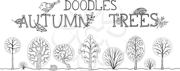 Doodles birch, oak, chestnut, bush, tree stump and others trees made in linear style. Can be used in colouring book for children.