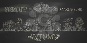 Hand-drawn autumn trees, cute wild animals and birds. Hare, fox, beaver, squirrel, deer, raccoon, owl, hedgehog, mushrooms. Curled clouds and rain. Falling leaves.