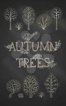 Hand-drawn birch, oak, chestnut, bush, tree stump and others trees. Outdoor design elements.