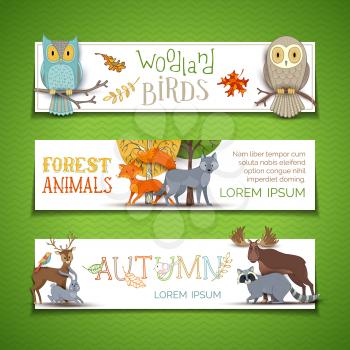 Owl, wolf, deer, fox, hare, raccoon and moose. Zoo cartoon collection for children designs. Autumn trees and falling leaves.