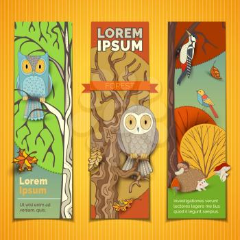 Cartoon owls on tree branches. Hedgehog under autumn tree. Woodpecker on tree trunk. Mushrooms, trees and leaves in cartoon style. Autumn woodland elements.