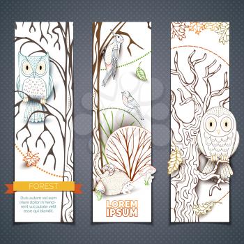 Outlined owl, hedgehog, woodpecker, mushrooms, trees and leaves made in cartoon style. Autumn woodland elements. Linear nature backgrounds.