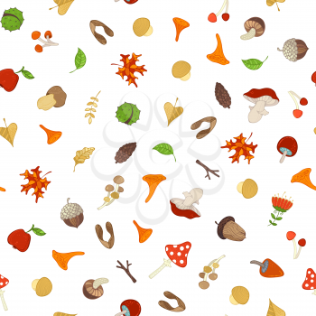 Edible and poisonous mushrooms, fir-cones, tree branches, autumn leaves, maple seeds, apples, acorns and chestnuts. Hand-drawn boundless background.