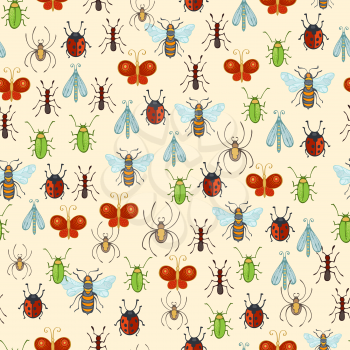 Cartoon bee, butterfly, spider, wasp, ant, ladybug, moth, beetle on yellow background. Hand-drawn boundless background.