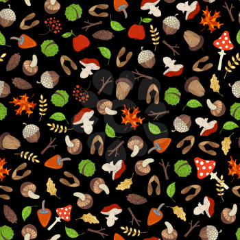 Tree branches, autumn leaves, edible and poisonous mushrooms, fir-cones, maple seeds, apples, rowan berries, acorns and chestnuts. Cartoon boundless background.