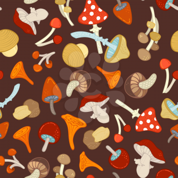 Edible and poisonous cartoon mushrooms on brown background. Fungal, amanita, girolles, chanterelles, agaric, boletus, fungus, cep. Hand-drawn boundless background.