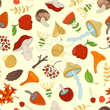 Cartoon mushrooms, fir-cones, apples, tree branches, leaves, rowan berries and flowers. Woodland boundless background.