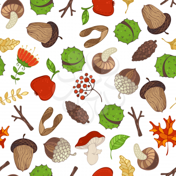 Cartoon fir-cones, maple seeds, apples, tree branches, autumn leaves, mushrooms, rowan berries, flowers, acorns and chestnuts. Outdoors boundless background.