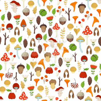 Tree branches, autumn leaves, edible and poisonous mushrooms, fir-cones, maple seeds, apples, rowan berries, flowers, acorns and chestnuts. Cartoon boundless background.