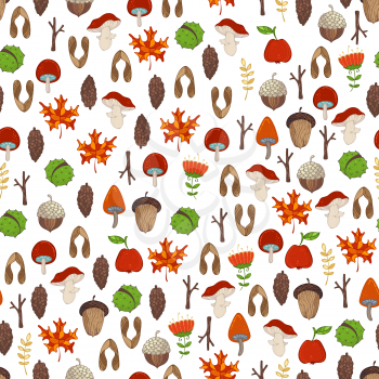 Cartoon maple seeds, apples, tree branches, autumn leaves, mushrooms, fir-cones, flowers, acorns and chestnuts. Bright boundless background.
