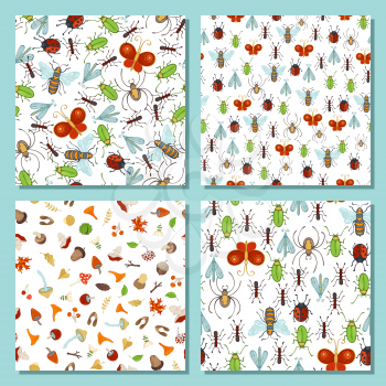 Insects and autumn forest elements. Bee, butterfly, spider, ant, ladybug, beetle. Autumn leaves, mushrooms, acorns and chestnuts. Boundless woodland background.