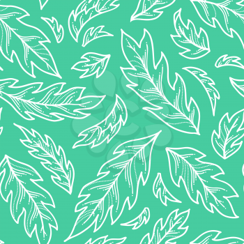 Linear pinnate leaves on green background. Bright summer boundless background. Tileable design element.
