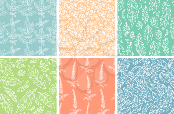 White outline tiny flowers and pinnate leaves on colored backgrounds. Bright spring and summer boundless backgrounds. Tileable design elements.