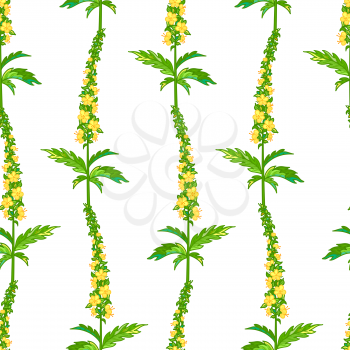 Tiny yellow flowers and green pinnate leaves on white background. Bright summer boundless background. Tileable design element.