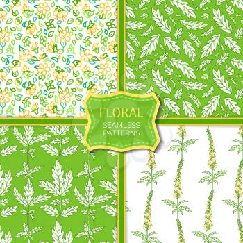 Linear tiny yellow flowers and green pinnate leaves on green and white backgrounds. Bright summer boundless backgrounds. Tileable design elements.