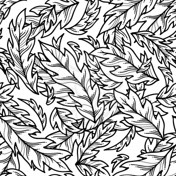 Black linear pinnate leaves on white background. Black and white summer boundless background. Tileable design element.