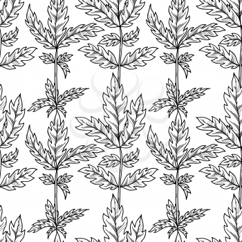 Contours of pinnate leaves on white background. Duotone summer boundless background. Tileable design element.