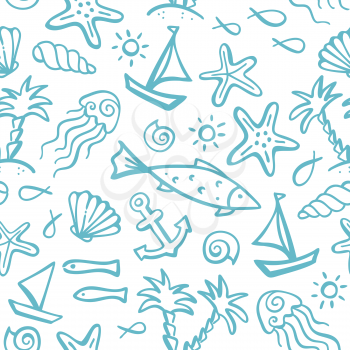 Seamless pattern of ocean animals and plants, fish, anchor, boat, ship, jellyfish, shell, starfish, palms on an island, sun.