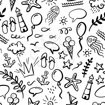 Boundless background of ocean animals and plants, fish, anchor, boat, ship, jellyfish, shell, starfish, ice-cream, balloon, bubble speech, leaves, flip flops, flourish.