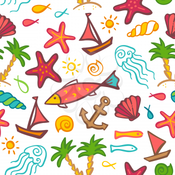 Boundless background of ocean animals and plants, fish, anchor, boat, ship, jellyfish, shell, starfish, palms on an island, sun.