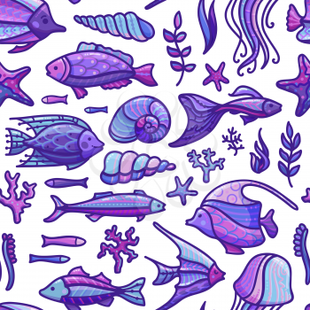 Various fish, sea plants and algae, shells and starfish on white background. Cartoon boundless background. Great for web page backgrounds or invitations.