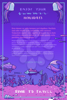 Vector illustration. Fish, sea plants, corals and algae, shells and starfish, jellyfish. There is copy space for your text.
