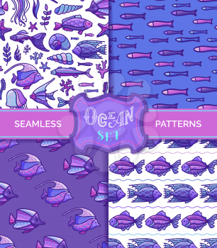 Fish, shells and starfish, sea plants, corals and algae. Boundless background can be used for web page background, wrapping paper and invitation.