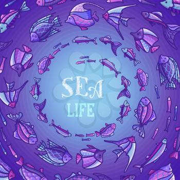 Various fish swim in a circle in dark violet water. There is copy space for your text.