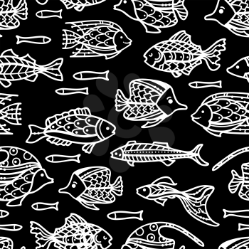 Fish white contours on black background. Boundless background can be used for web page backgrounds, wallpapers, wrapping papers and invitations.
