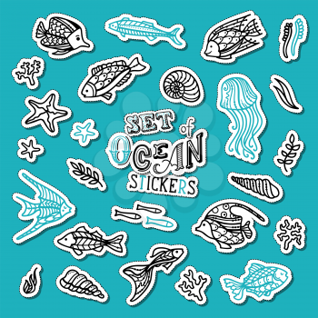 Cute patch badges and pins with doodles fish, sea plants, jellyfish, corals and algae, shells and starfish. Hand-drawn design elements on blue background.