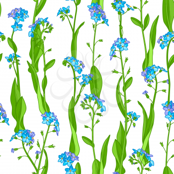 Forget-me-nots boundless background. Blue and violet tiny flowers and bright green leaves. Tileable design element.