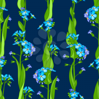 Forget-me-nots boundless background. Blue and violet tiny flowers and bright green leaves on dark blue background. Tileable design element.